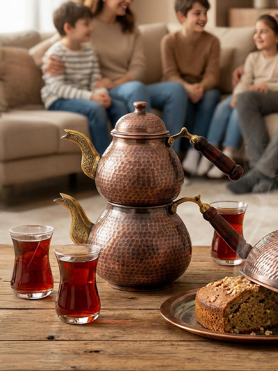 Damla Model Eskitme El Yapımı Bakır Çaydanlık