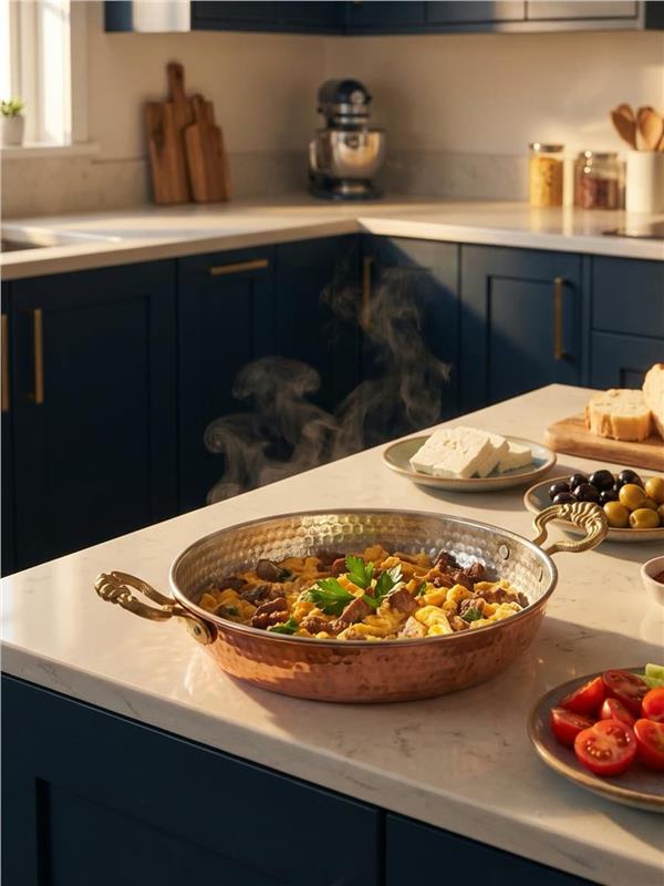 El Yapımı Bakır Yumurta Tavası Kapaklı 22 Cm