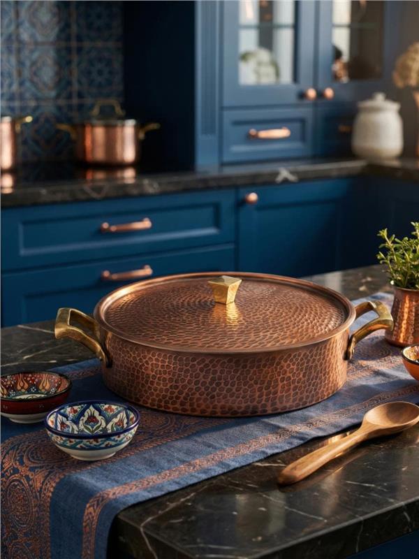 El Yapımı Eskitme Bakır Pilavlık Tencere 24 cm