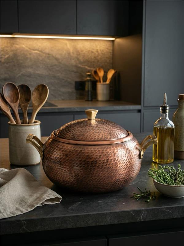 Eskitme  Kalın Bakır Güveç Tenceresi 23 cm